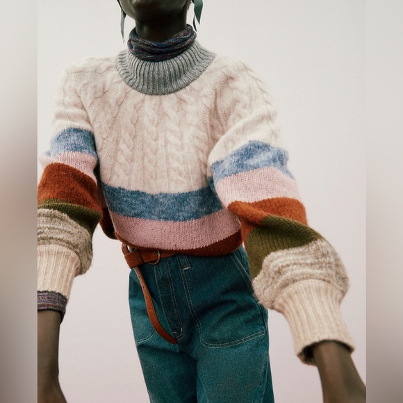 ✨SOLD✨ MADEWELL Deacon Cableknit Mockneck Sweater in Stripe - Size L NWT - Picture 5 of 16